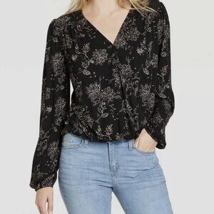 Knox Rose Women Top Medium Black Floral Faux Wrap
